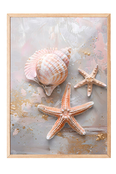 Zestia Tablou cu ramă din lemn, scoici și stele, poster decorativ pentru baie...