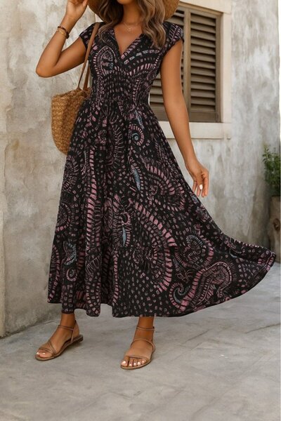 JANES Kadın Kısa Yarasa Kanat Kollu V Yakalı Beli Büzgülü Süprem Elbise