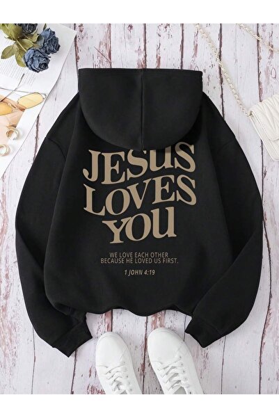 Josette Jesus Loves You Baskılı Kapüşonlu Oversize Sweatshirt