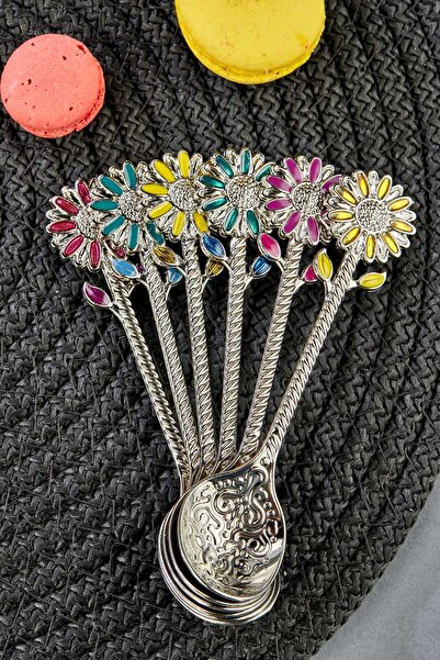 EMBazaar 6'lı Baharat, Çay Kaşığı Seti Çiçek Desenli Baharat Kaşıkları. Altın ve Gümüş Renkli Kaşık Takımı