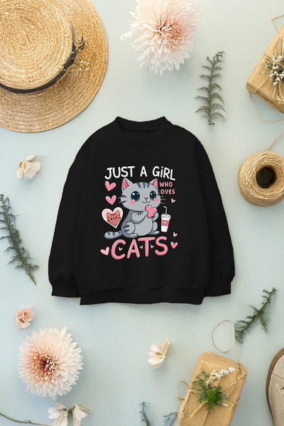 EVIus Hanorac drăguț Cat Just A Girl imprimat cu decolteu pentru femei, 3 fire