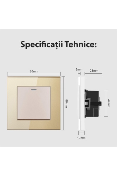 TECHSTAR Întrerupător pentru cap de scară cu panou din sticlă securizată Techstar® TGS 01, 220V, 16A, 86 x 86 mm, Auriu, cu