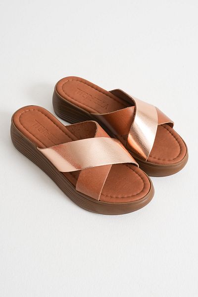 Zerenyus Fayn Premium Flat Genuine Leather Shiny Tan Slippers