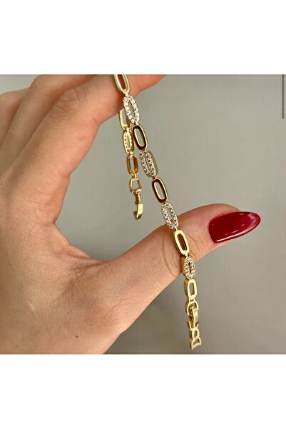 Zirkon Taşlı Oval Halkalı 18K Altın Kaplama Işıltılı Kadın Bileklik
