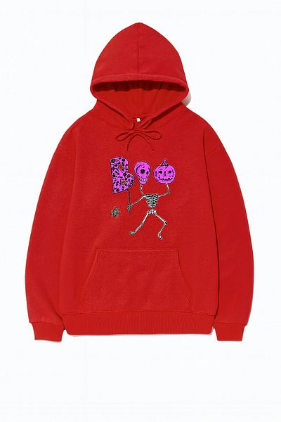CLASSY.MODA Hooded Oversize 3 Thread Skeleton and Pumpkin Printed Sweatshirt