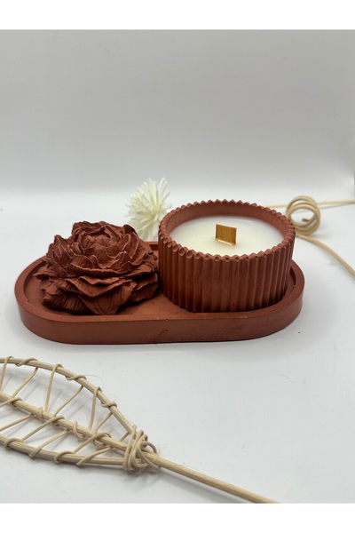DİA HANDMADECOR Doğal Kokulu El Yapımı Soya Mum ve Çiçek Dekor Seti – Ahşap F...