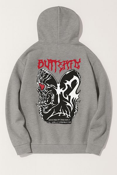 CLASSY.MODA Oversize 3 Thread Hooded Butterfly Patterned Unisex Sweatshirt