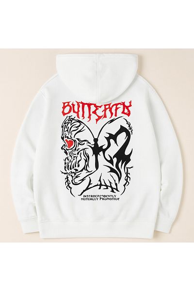CLASSY.MODA Oversize 3 Thread Hooded Butterfly Patterned Unisex Sweatshirt