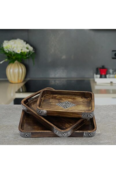 Yellowtech Otantik Ahşap Dikdörtgen Tepsi Seti – 3’lü, El İşçiliği, Antik Tas...