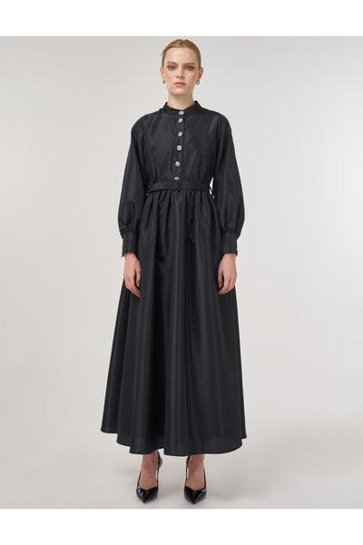 Kayra Belt Detailed Taffeta Dress Black