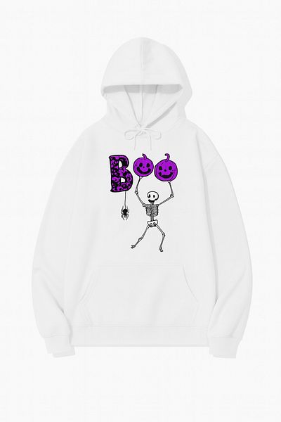 CLASSY.MODA Hooded Oversize 3 Thread Skeleton and Pumpkin Printed Sweatshirt