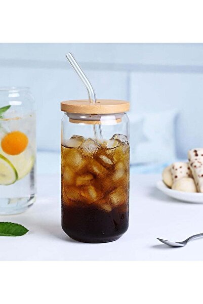 popular كوب زجاجي مع غطاء من الخيزران وماصة 550 مل