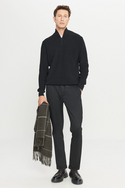 AC&Co / Altınyıldız Classics Men's Black Cotton Standard Fit Regular Cut Bato Collar Jacquard Knitwear Sweater