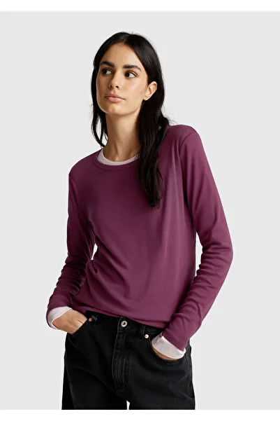 United Colors of Benetton Women's Plum Basic Crew Neck Long Sleeve T-Shirt