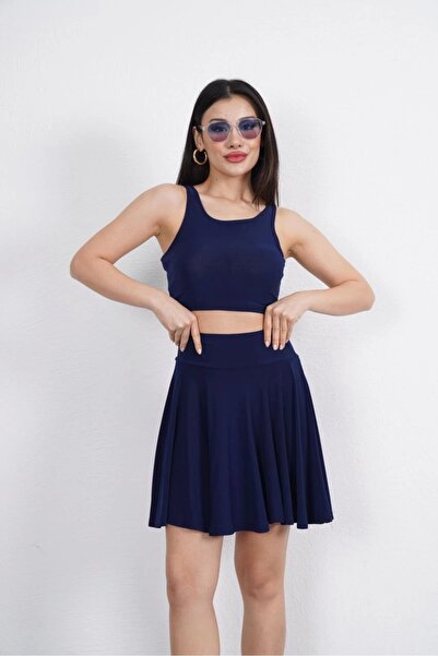 MODA Sendy Fabric Crew Neck Crop Shorts Skirt Double Set - Navy Blue