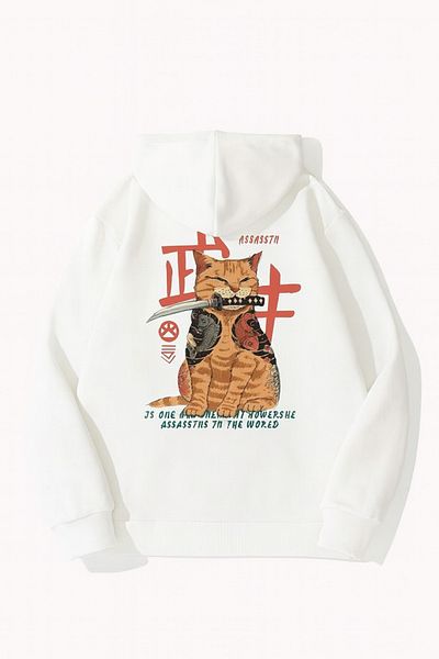 CLASSY.MODA Oversize 3 Thread Hooded Cat Printed Unisex Sweatshirt