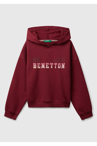 United Colors of Benetton Детска рокля с качулка и каишка с лого отпред в бордо