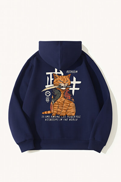 CLASSY.MODA Оверсайз 3-нитковий худі з капюшоном і принтом кота, унісекс