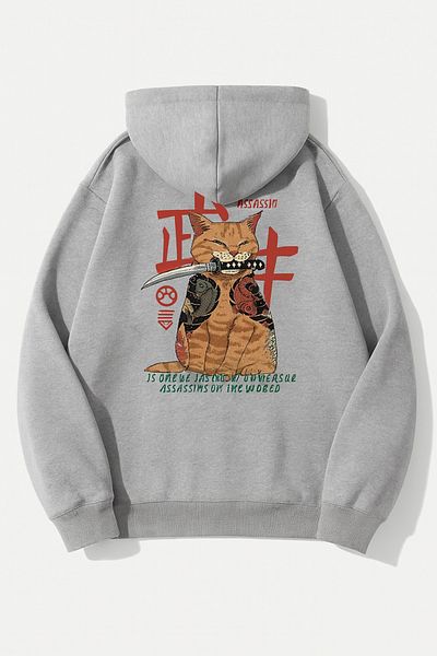CLASSY.MODA Oversize 3 Thread Hooded Cat Printed Unisex Sweatshirt