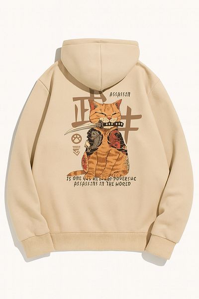 CLASSY.MODA Oversize 3 Thread Hooded Cat Printed Unisex Sweatshirt