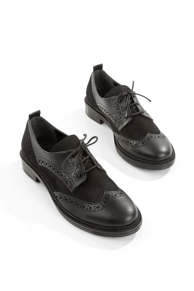 Hanımsoller Diana Women's Low Heel Lace-Up Laser Embroidered Black Skin/Suede Garni Vintage Loafer Shoes