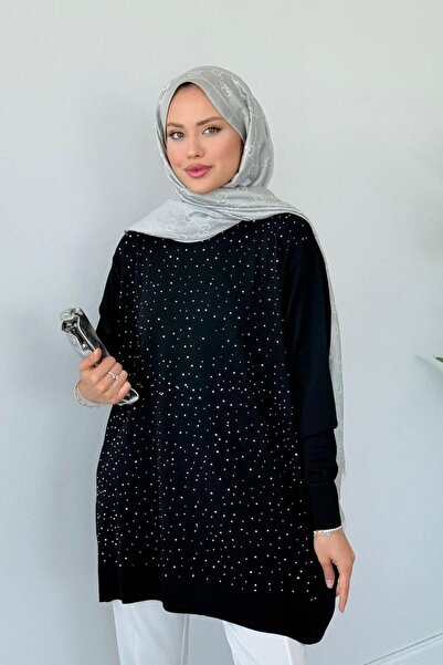 Hazamoda Movi Taşlı Merserize Tunik Siyah