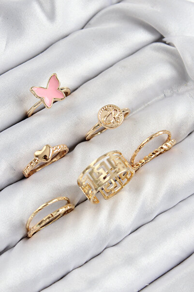 callerrons accessories مجموعة خواتم نسائية من النحاس على شكل فراشة وقلب باللون الذهبي - EBJ250816W37414