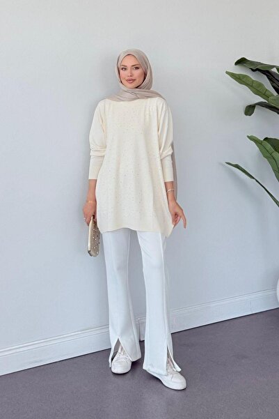 HAZA MODA Movi Taşlı Merserize Tunik Ekru