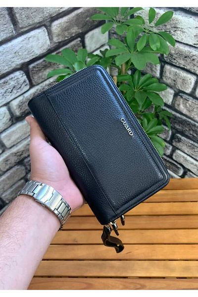 GUARD Black Genuine Leather Double Zipper Handbag - Grd250816Wt1371