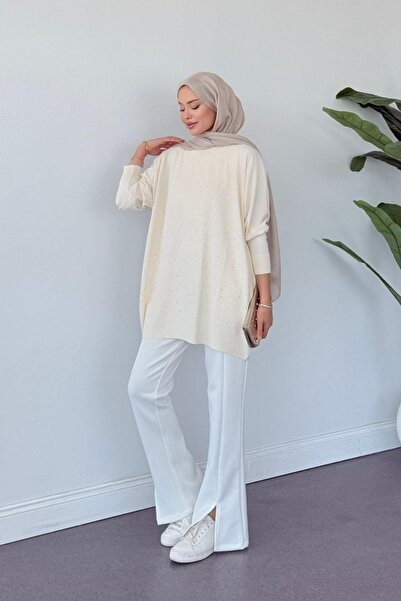 HAZA MODA Movi Taşlı Merserize Tunik Ekru