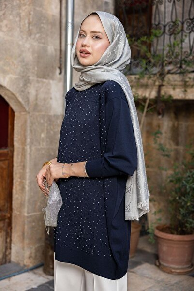 Hazamoda Movi Taşlı Merserize Tunik Lacivert