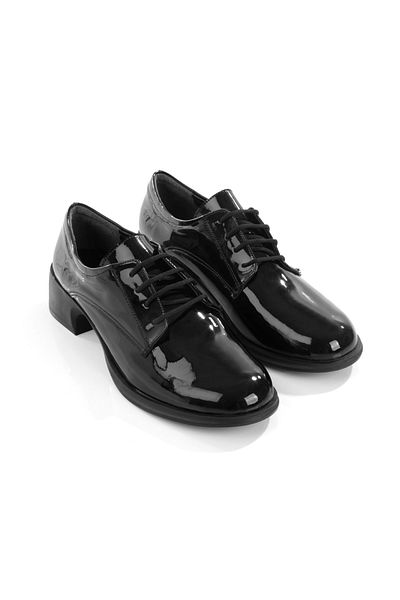Hanımsoller Women's Short Heeled Lace-Up Oxford Black Patent Leather Classic Vintage Shoes