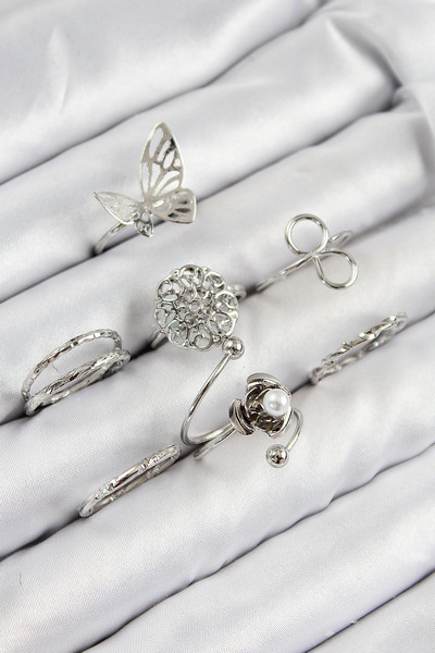 callerrons accessories مجموعة خواتم نسائية من النحاس على شكل فراشة وردية اللون فضي - EBJ250816W37407