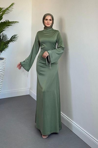 MERVEN AKYÜZ Pena Spanish Sleeve Chain Detail Evening Dress Mildew Green