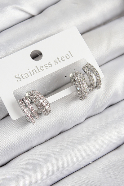 callerrons accessories Brass Zircon Stone Curved Model Silver Color Women's Earrings - Ebj250816W37174