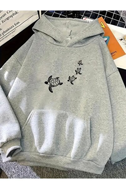 FUFLUNS سويت شيرت بقلنسوة كبير الحجم مطبوع عليه سلحفاة للجنسين