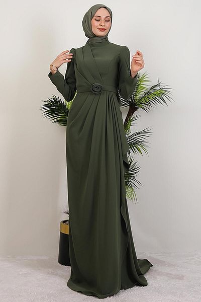 GİYZAMİLA Venessa Crepe Evening Dress Khaki