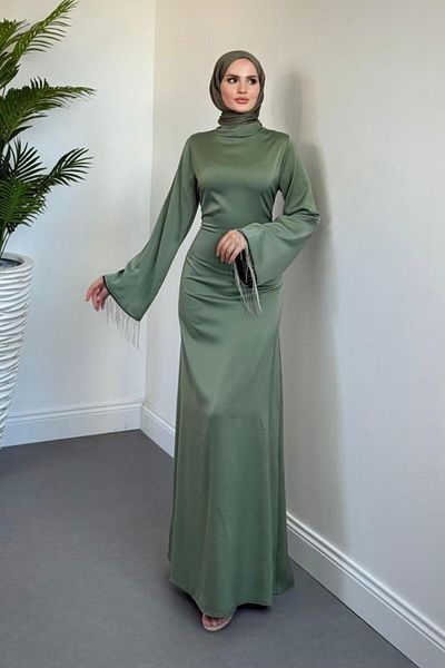 MERVEN AKYÜZ Pena Spanish Sleeve Chain Detail Evening Dress Mildew Green