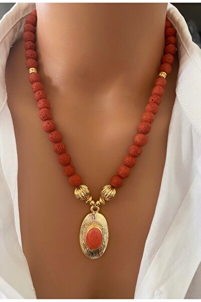 TARZ-I TAKI Gold Plated Natural Stone Orange Lava Stone Special Design Pendan...