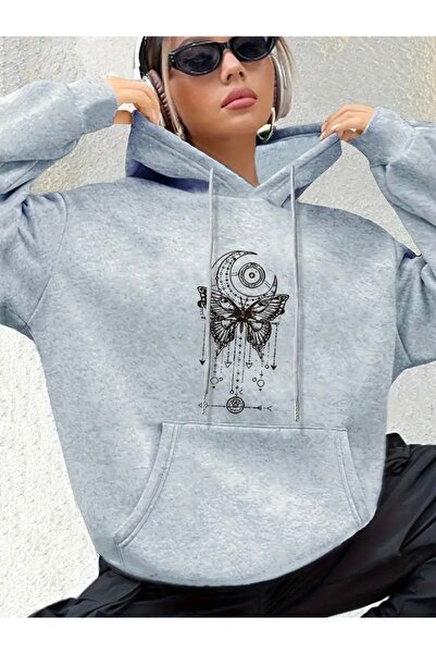 FUFLUNS سويت شيرت بقلنسوة كبير الحجم للجنسين مطبوع عليه فراشة وقمر