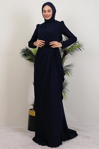 GİYZAMİLA Venessa Crepe Evening Dress Navy Blue