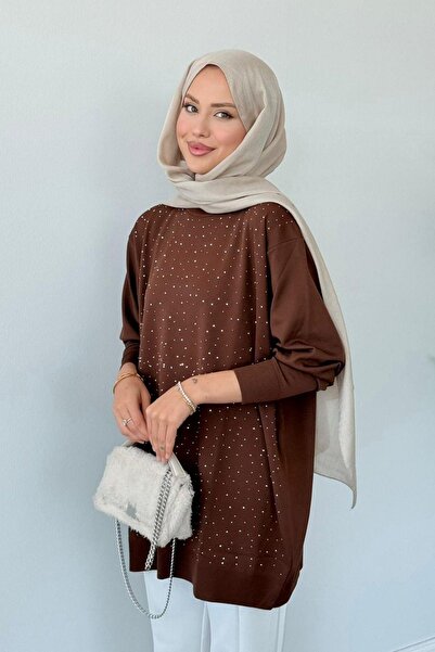 HAZA MODA Movi Taşlı Merserize Tunik Kahve