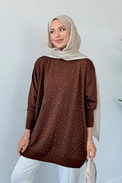 HAZA MODA Movi Taşlı Merserize Tunik Kahve