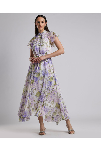 R&B Floral Print Midi Dress with High Neck and Flared Sleeves