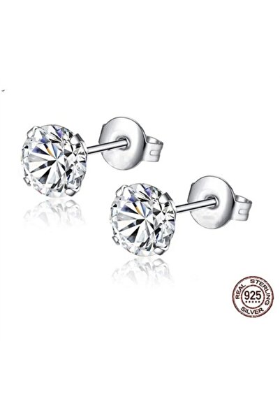 ASİL SİLVER ONLİNE 5 mm Beyaz Yuvarlak Zirkon Taşlı 925 Ayar Gümüş Pimli Unisex Tek Taş Küpe (1 çift)