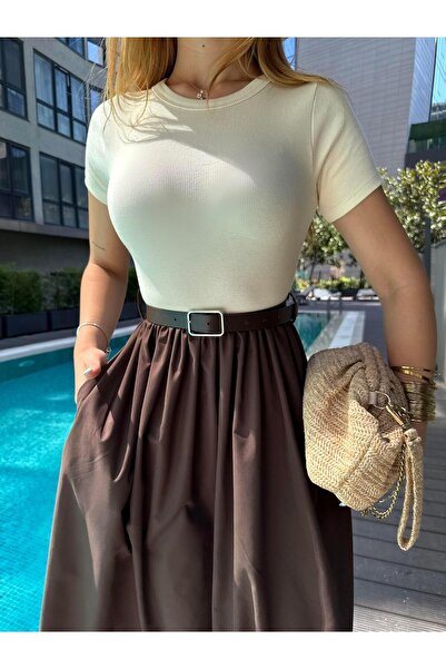 Angel Mia Maria Kemerli Elbise Kahverengi