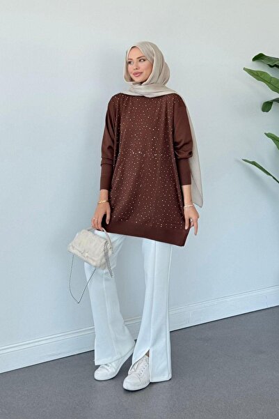 HAZA MODA Movi Taşlı Merserize Tunik Kahve