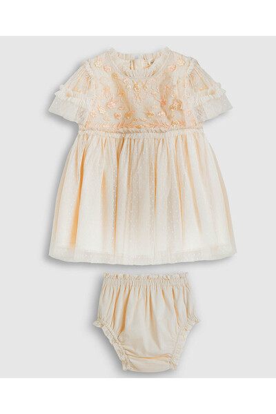 R&B Embroidered Tulle Dress with Crew Neck and Short Sleeves
