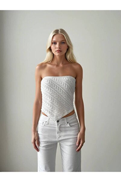 Genel Markalar Saç Örgü Beyaz Straplez Üçgen Kadın Triko