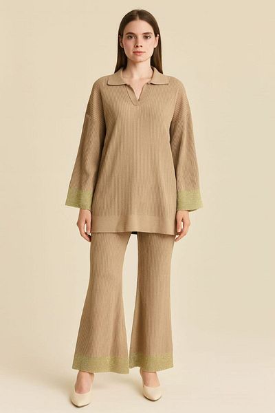 Zeyoo Collection Twill Spanish Legs Silk Detail Polo Collar Bottom Top Set